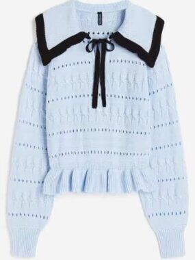 H&M Divided Textured Knit Sweater With Peter Pan Collar - Light Blue and Black